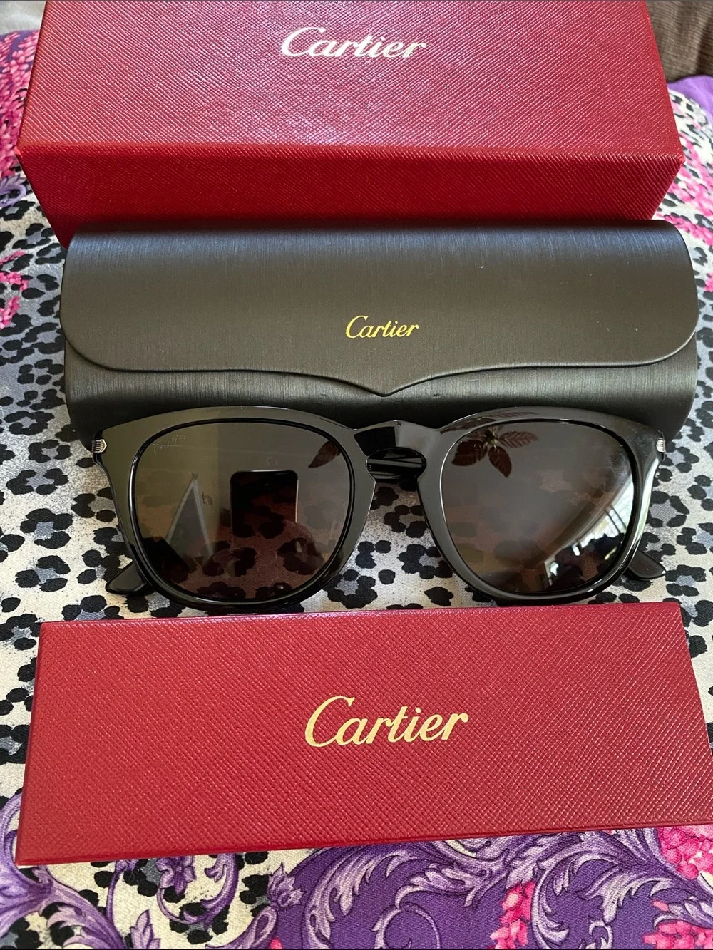 Cartier Made in Italy Black Shiny Silver Logo Unisex Luxurious Sunglasses NWT